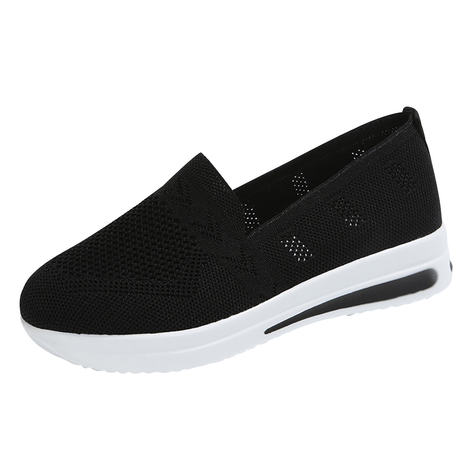 Black slip-on sneaker for women, featuring a mesh knit design, wide width, and non-slip sole. Ideal for walking and casual fashion.