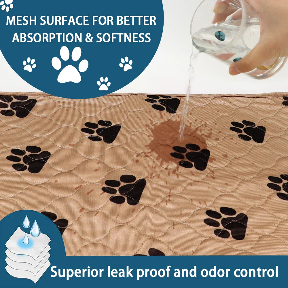 Absorbent pet training pad with paw print design, leak-proof, odor control, beige mesh surface.