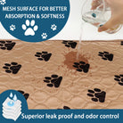 Absorbent pet training pad with paw print design, leak-proof, odor control, beige mesh surface.