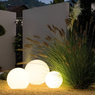 Outdoor LED sphere lights illuminating a modern garden with decorative grasses, creating a serene ambiance. Perfect for landscape lighting and decor.