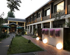 Modern outdoor patio with glowing LED sphere lights, vertical garden, and contemporary architecture. Perfect for evening ambiance and garden decor.