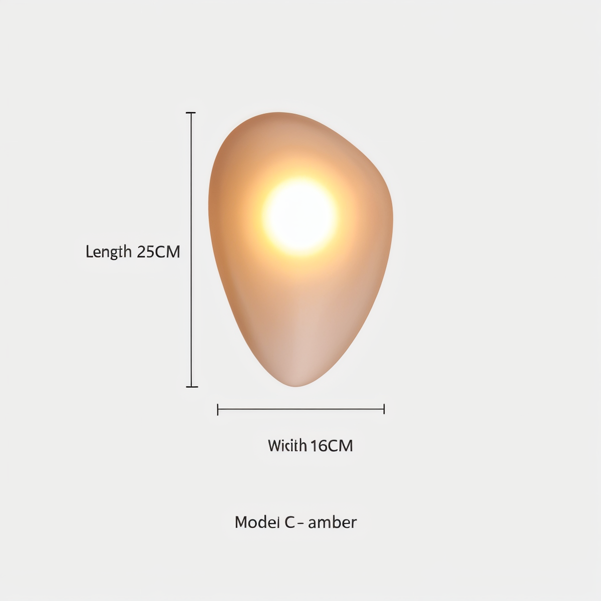 Amber pebble-shaped wall light, Model C, with warm glow, 25cm length, 16cm width. Modern home lighting, decorative wall fixture.