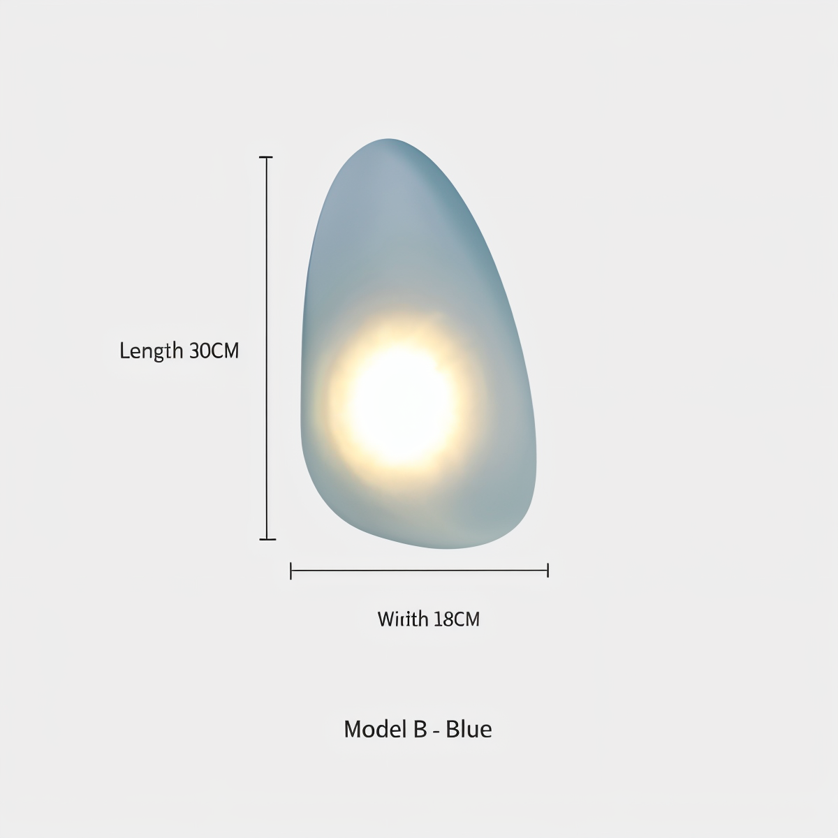 Blue pebble-shaped wall light, Model B, with soft glow, 30cm length, 18cm width. Modern home lighting, minimalist design, ambient illumination.