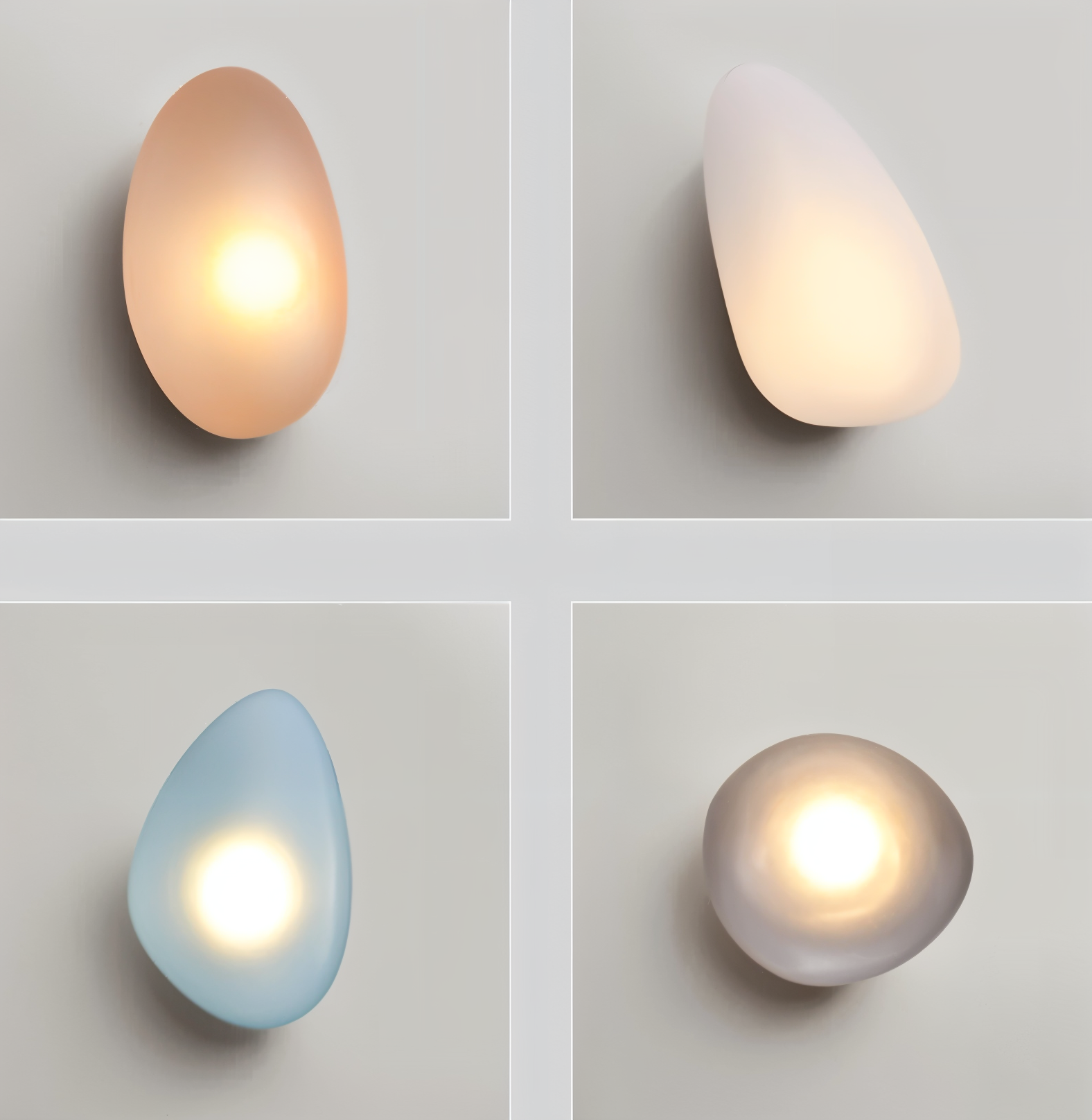 Modern pebble-shaped wall lights in soft hues: beige, white, blue, and gray. Elegant LED lighting fixtures for contemporary home decor.