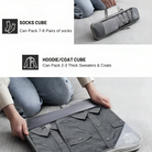 Compression packing cubes for travel, featuring a socks cube for 7-8 pairs and a hoodie/coat cube for 2-3 thick sweaters or coats, shown in use.