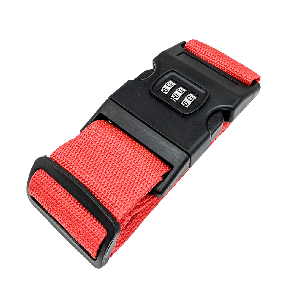 Red luggage strap with combination lock, durable travel accessory, adjustable security belt for suitcase protection, high-quality nylon material.