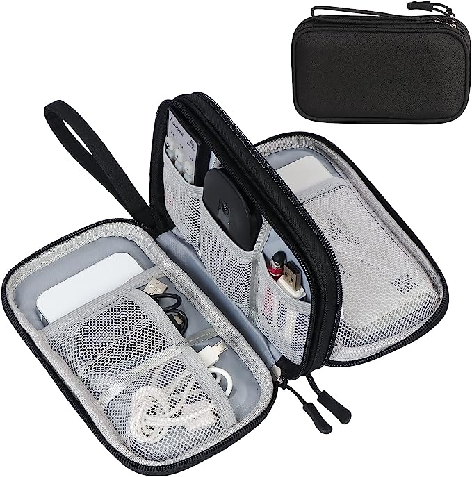 Travel electronics organizer case with multiple compartments, mesh pockets, and zippers for cables, chargers, and gadgets. Portable storage solution.