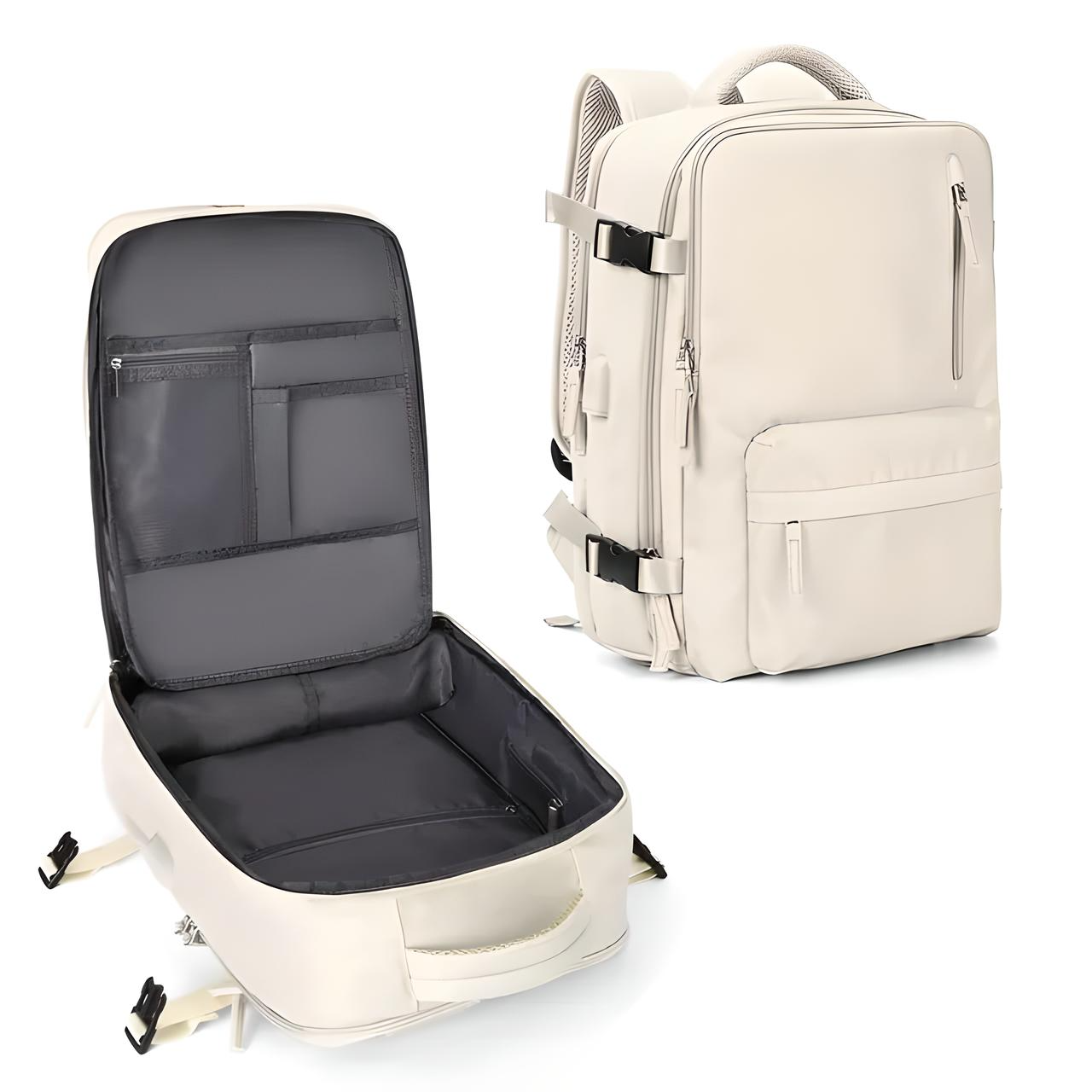 Sleek white travel backpack with multiple compartments, durable zippers, and adjustable straps. Ideal for laptops and travel essentials.