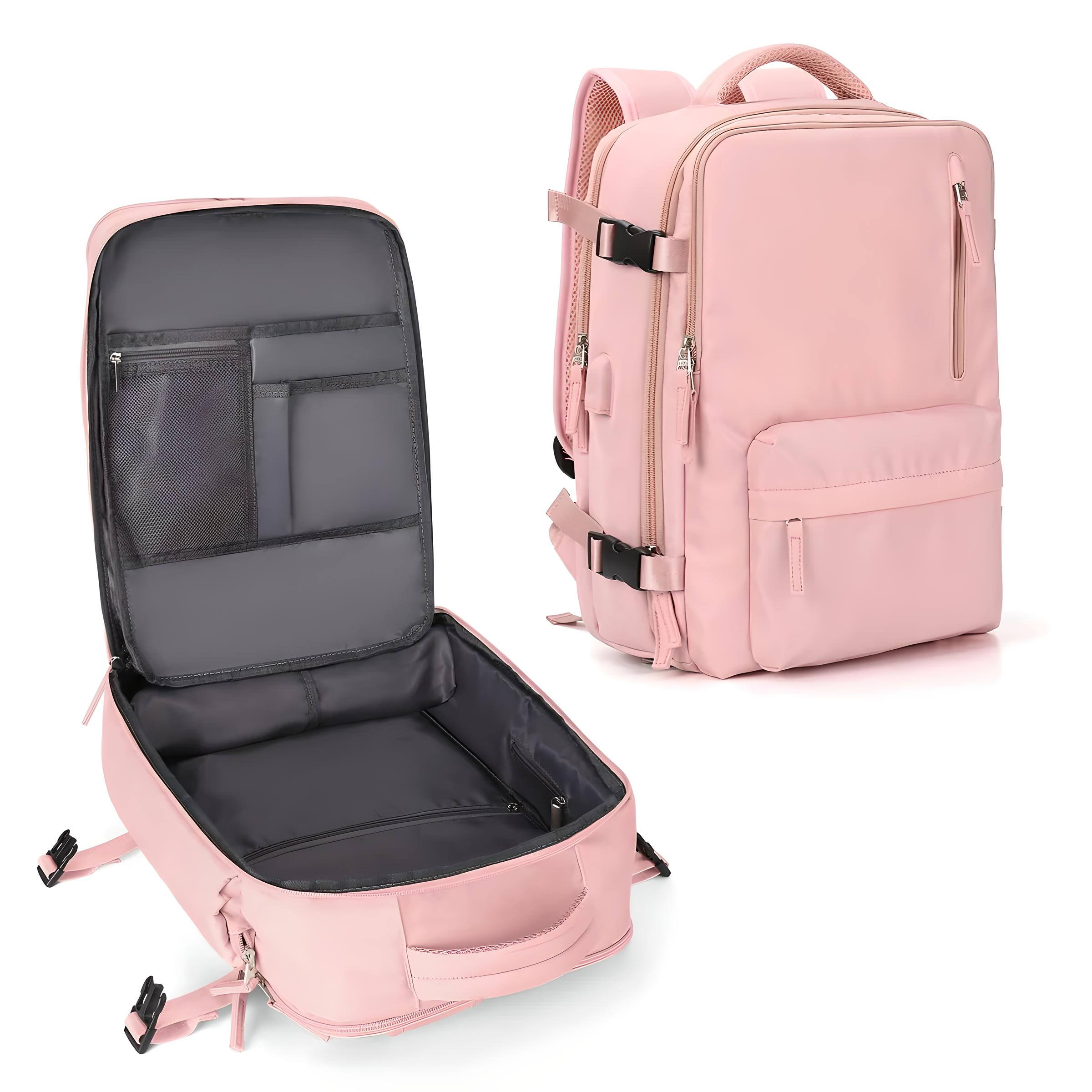 Pink travel backpack with spacious interior, multiple compartments, and adjustable straps. Ideal for school, work, or travel. Durable and stylish design.