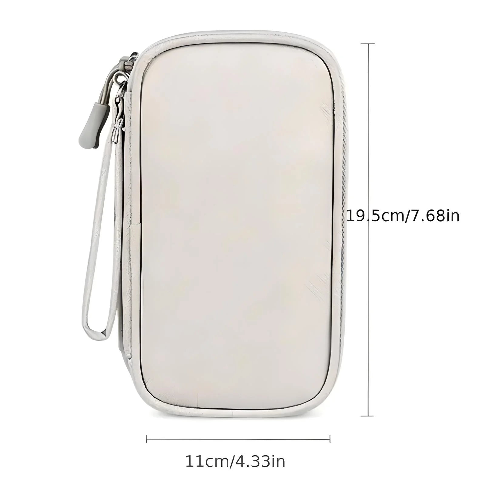 White leather travel wallet with zipper, wrist strap, and dimensions 19.5cm x 11cm. Ideal for organizing essentials. Stylish and compact design.