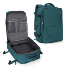 Teal travel backpack with multiple compartments, open and closed views, durable zippers, ergonomic straps, ideal for hiking, commuting, and school.