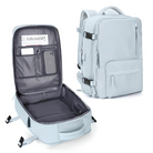 Light blue travel backpack with multiple compartments, laptop sleeve, and adjustable straps. Ideal for school, work, or travel. Durable and stylish design.