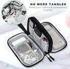 Cable organizer bag with multiple compartments, mesh pockets, and zippers for neatly storing chargers, cords, and electronic accessories.