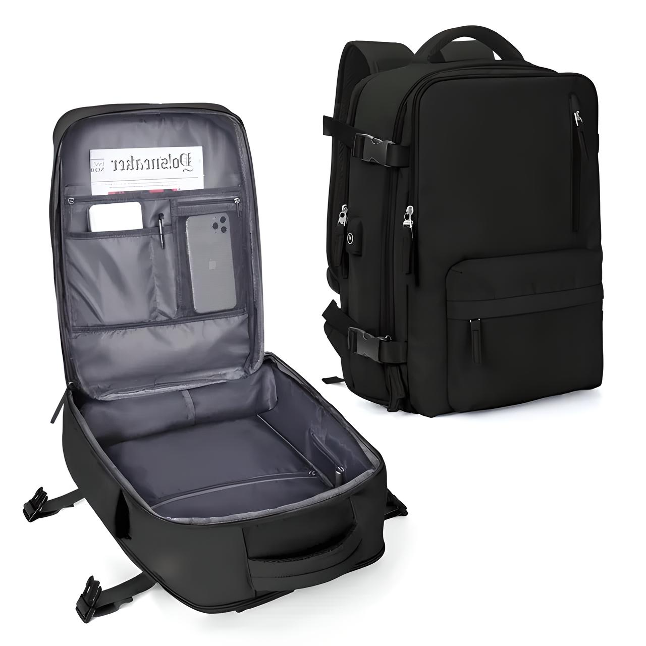 Black travel backpack with multiple compartments, open to show interior pockets for organization. Ideal for tech gear, laptops, and travel essentials.