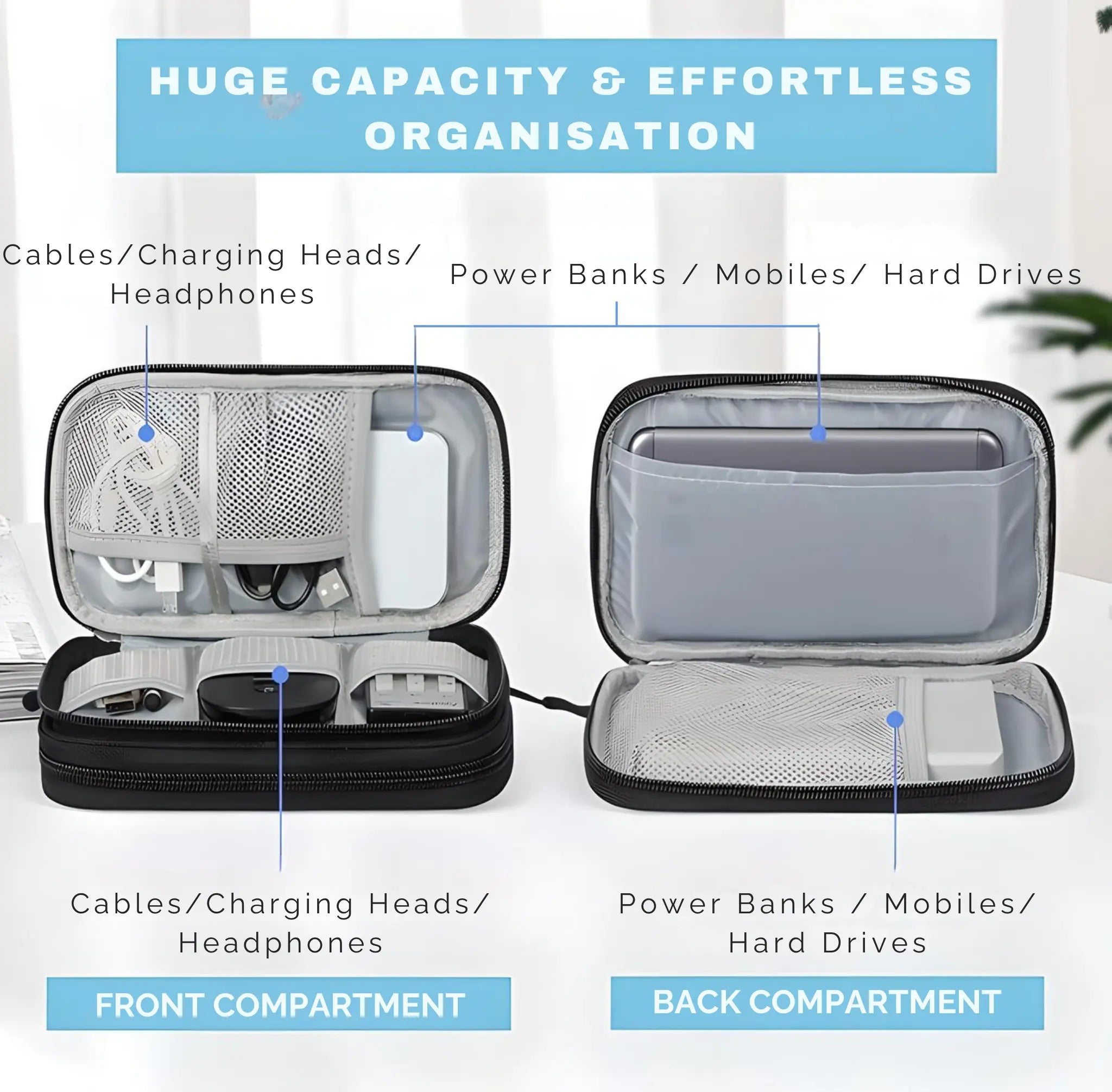 Travel electronics organizer with dual compartments for cables, chargers, power banks, and hard drives. Ideal for efficient storage and easy access.