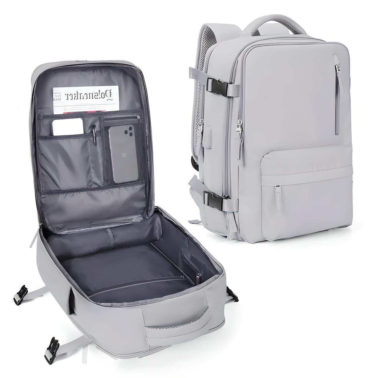 Light gray travel backpack with spacious interior, multiple compartments, and tech-friendly pockets. Ideal for laptops, school, and business use.