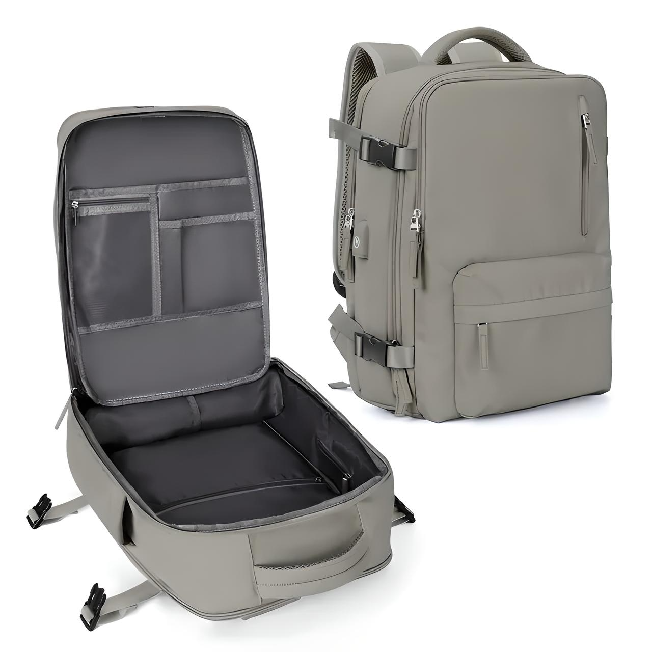 Sleek gray travel backpack with spacious interior, multiple compartments, and durable zippers. Ideal for business trips and daily commuting.