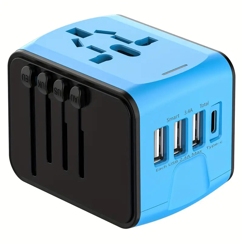 Universal travel adapter with multiple USB ports and Type-C, blue and black design, compatible with international plugs, ideal for global travelers.