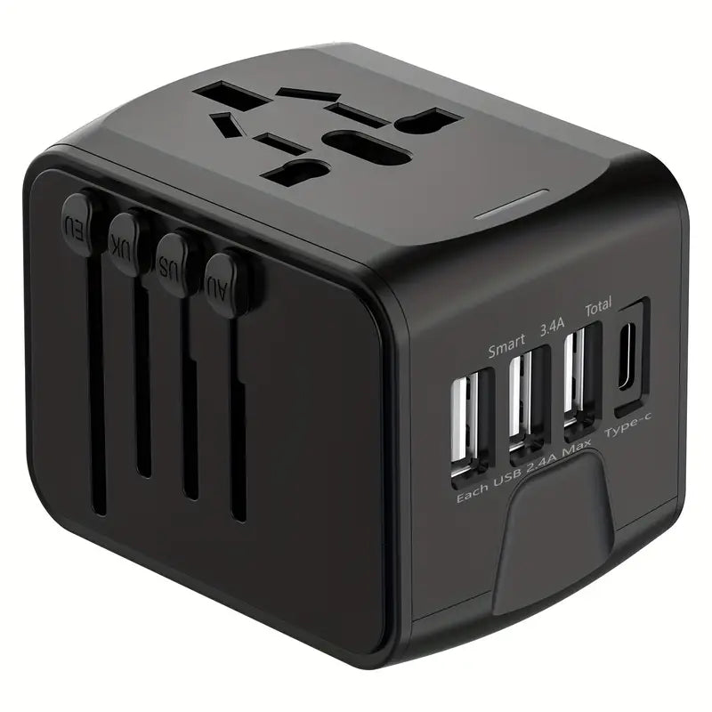 Universal travel adapter with multiple USB ports and Type-C outlet, black, compact design, compatible with global plug types, ideal for international travel.