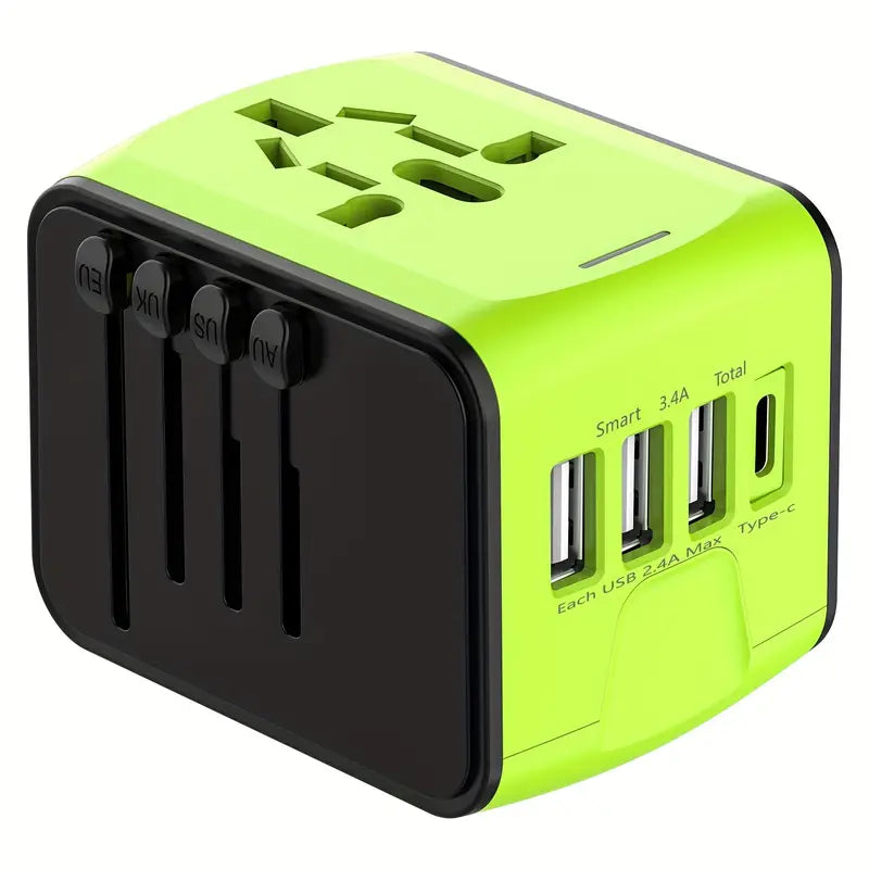 Green universal travel adapter with multiple USB ports, Type-C port, and international plug compatibility. Ideal for global charging needs.