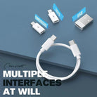 USB-C cable with interchangeable connectors for Android, iOS, and USB devices, showcasing versatile charging and data transfer solutions.