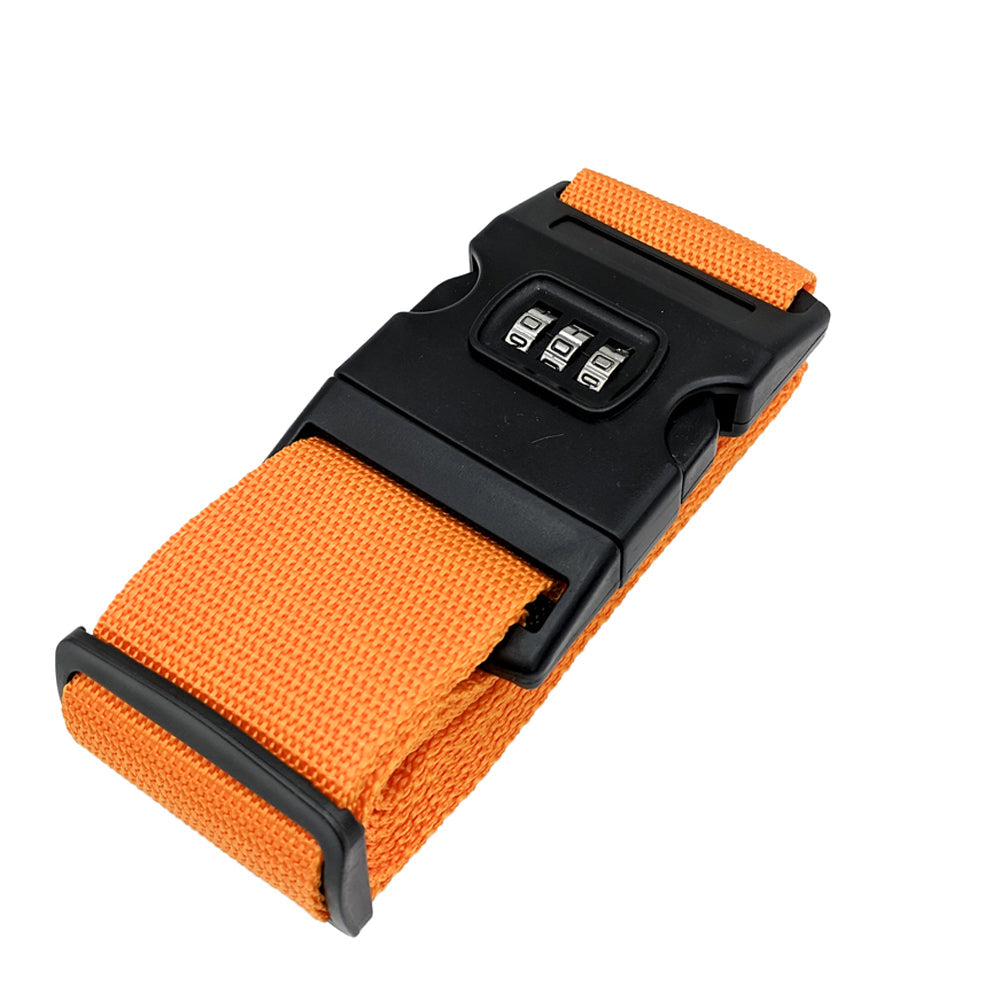 Orange luggage strap with black combination lock, durable travel accessory for suitcase security. Adjustable, heavy-duty nylon strap for added protection.