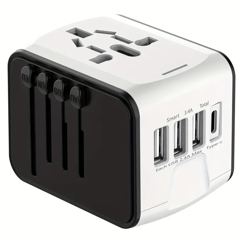 Universal travel adapter with multiple USB ports, Type-C, and international plug compatibility. Ideal for global travelers needing versatile charging solutions.