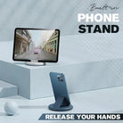 Phone stand with built-in holder displaying a smartphone and tablet, showcasing hands-free convenience. Ideal for multitasking and video calls.