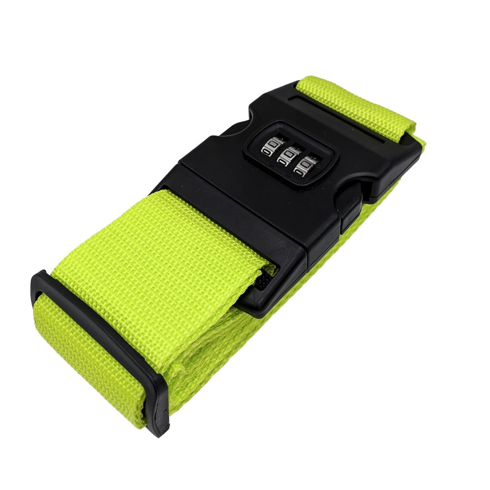 Bright green luggage strap with black combination lock, durable travel accessory for secure suitcase protection, adjustable and heavy-duty design.