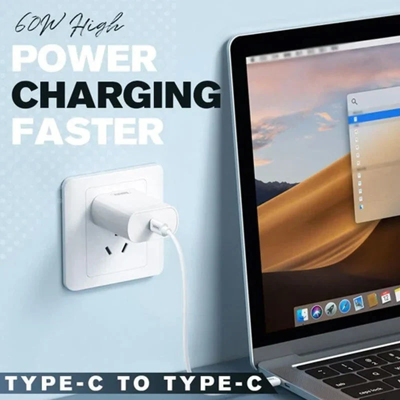 60W USB-C wall charger plugged into outlet, charging a laptop. Fast charging technology, Type-C to Type-C cable, efficient power delivery.