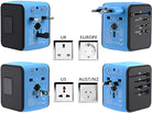 Universal travel adapter with multiple plug types for UK, Europe, US, and Australia/NZ. Compact, blue design, ideal for international travelers.