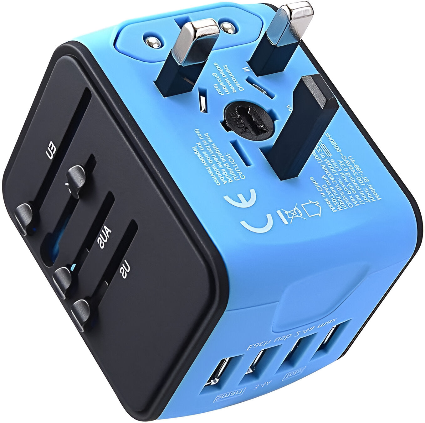 Blue universal travel adapter with multiple plug types and USB ports, compatible with EU, UK, US, and AUS outlets. Ideal for international travel.