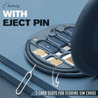 SIM card holder with eject pin, featuring three card slots for storing SIM cards. Ideal for travel and organization. Compact and efficient design.