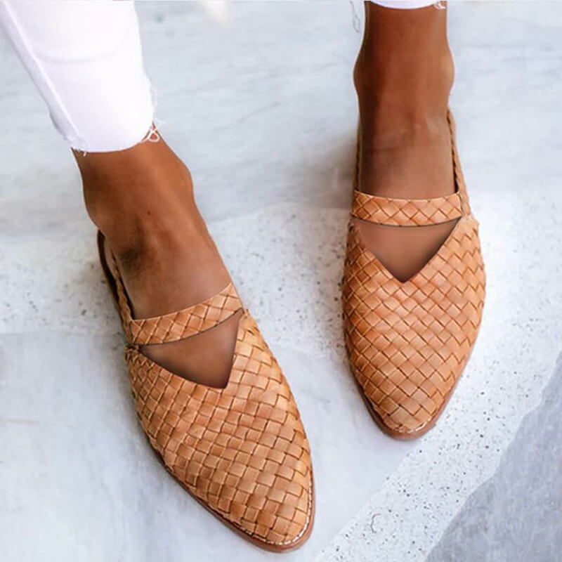 Women's woven leather slip-on flats, tan color, stylish and comfortable footwear, perfect for casual wear, featuring a unique basket weave design.