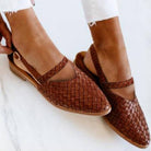 Brown woven leather women's slip-on shoes with ankle strap, stylish and comfortable footwear for casual wear, perfect for summer fashion trends.