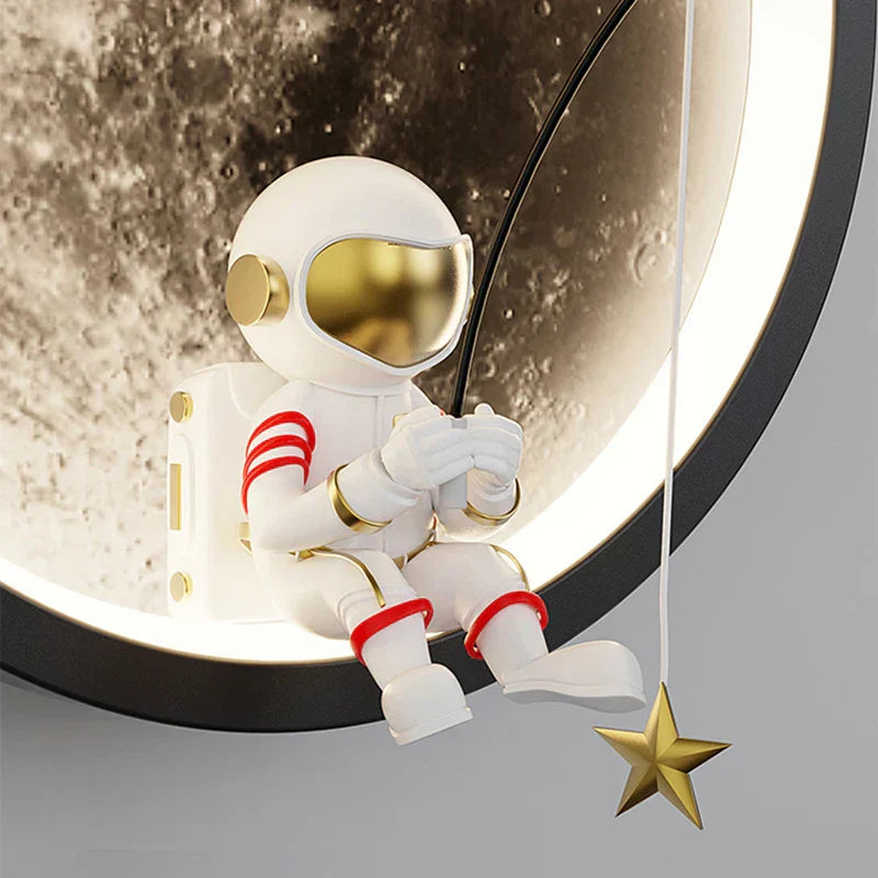 Modern astronaut wall lamp with LED moon design, perfect for children's room decor. Features a cartoon astronaut and star, ideal for bedroom lighting.