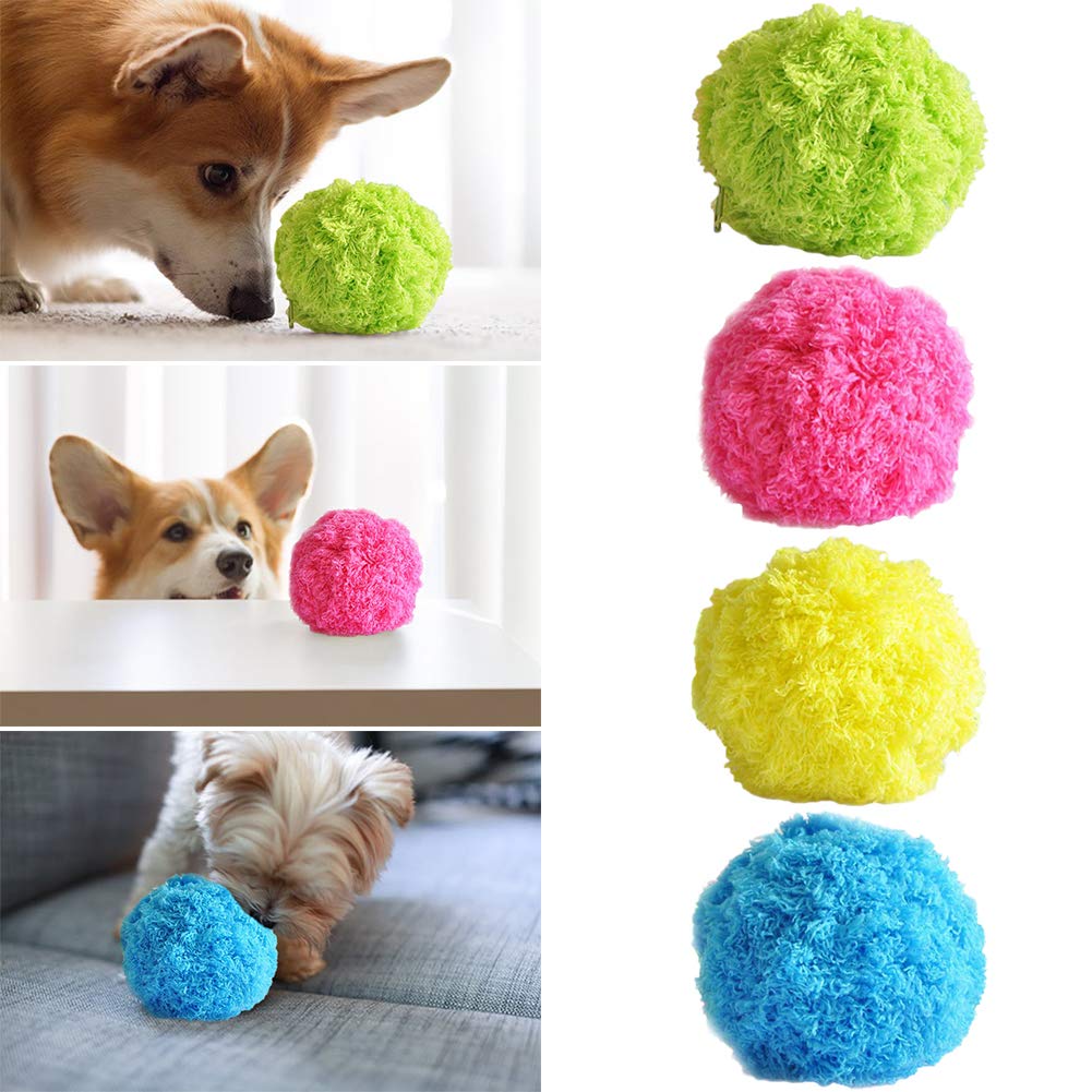 Colorful magic rolling ball toy for pets, featuring fluffy textures in green, pink, yellow, and blue. Interactive pet toy for dogs and cats.