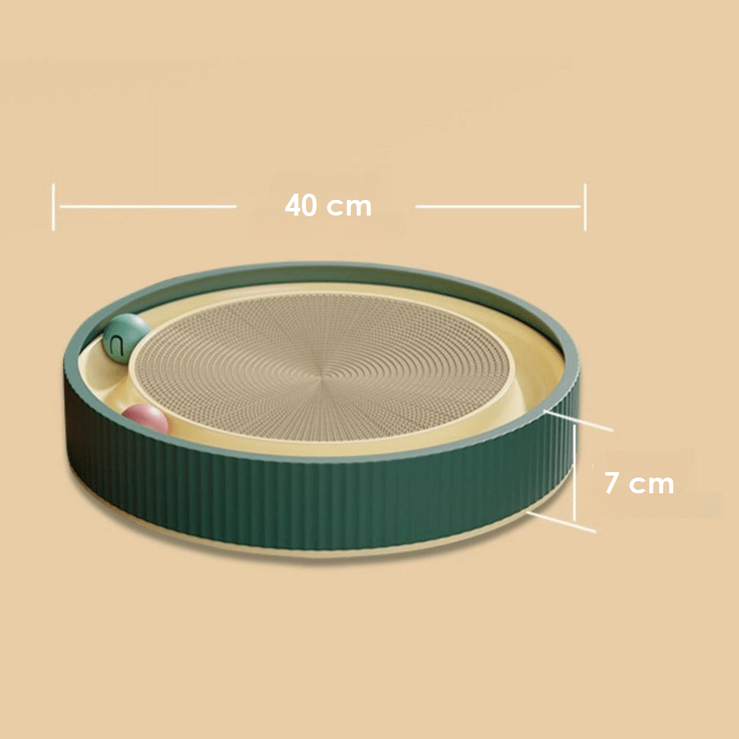 Interactive cat toy with rotating ball track, 40 cm diameter, 7 cm height, green and beige design. Perfect for engaging feline playtime.