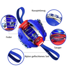 Blue dog chew toy with spring mechanism, suction cup, and nylon braided rope. Durable pet play accessory for interactive and solo play.