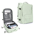 Mint green travel backpack with multiple compartments, open to reveal organized interior with clothes and tech pockets. Ideal for travel and daily use.