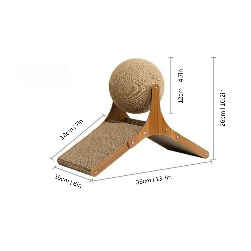 Wooden cat scratching post with sisal ball and ramp, dimensions 35cm x 26cm x 18cm. Ideal for pet play, durable cat furniture, space-saving design.