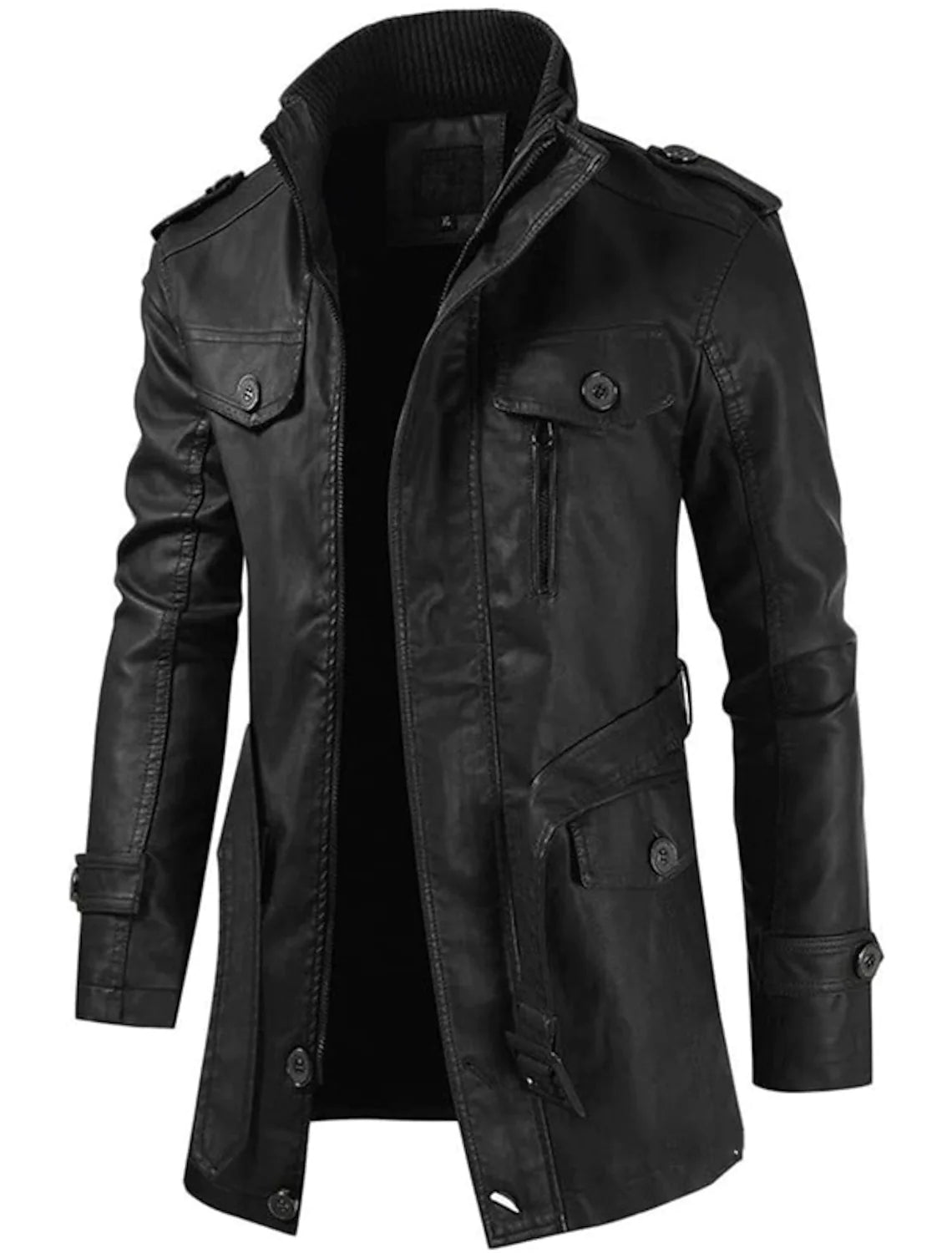 Men's long black leather jacket, stylish design, multiple pockets, high collar, casual wear.