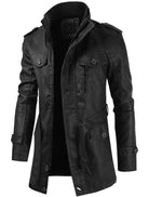 Men's long black leather jacket, stylish design, multiple pockets, high collar, casual wear.