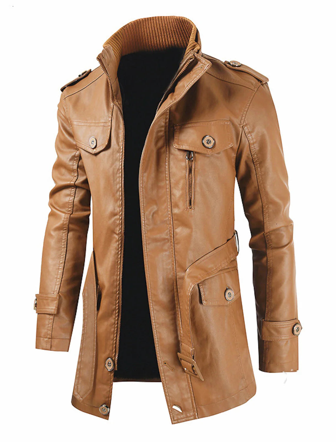 Men's brown leather jacket with button details, high collar, and multiple pockets.