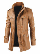 Men's brown leather jacket with button details, high collar, and multiple pockets.