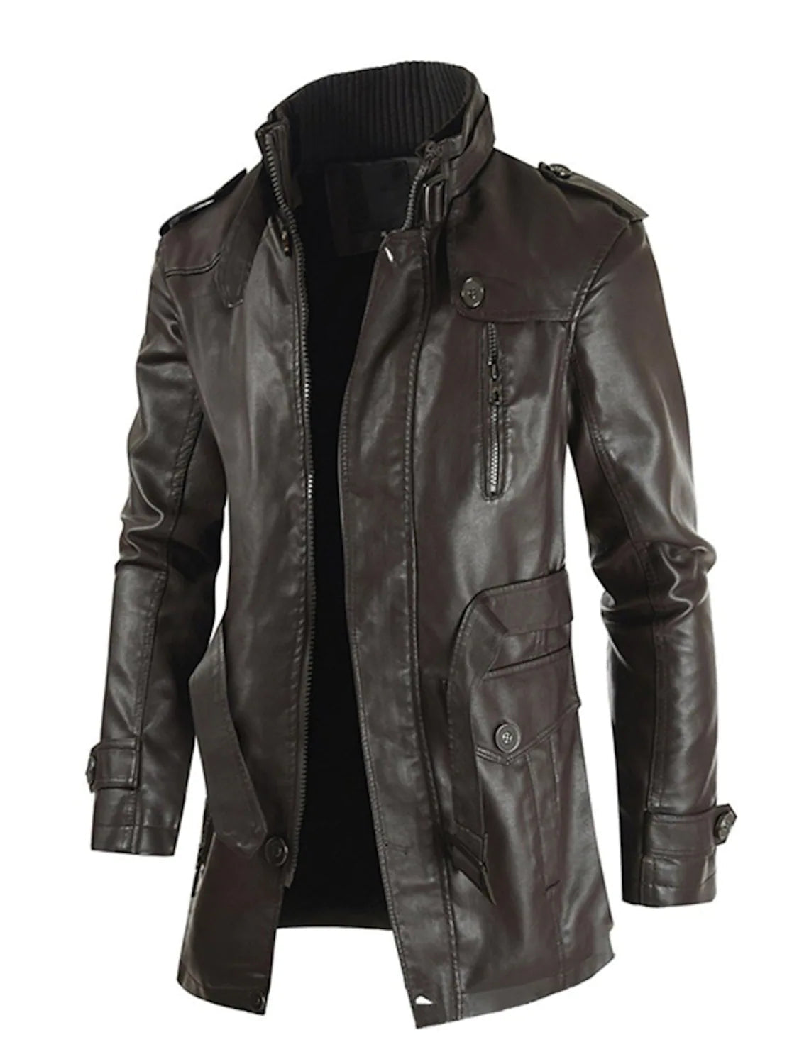 Men's black leather jacket, long style, with zipper and button details, stylish outerwear.