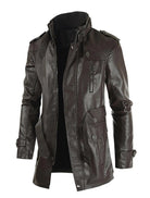 Men's black leather jacket, long style, with zipper and button details, stylish outerwear.