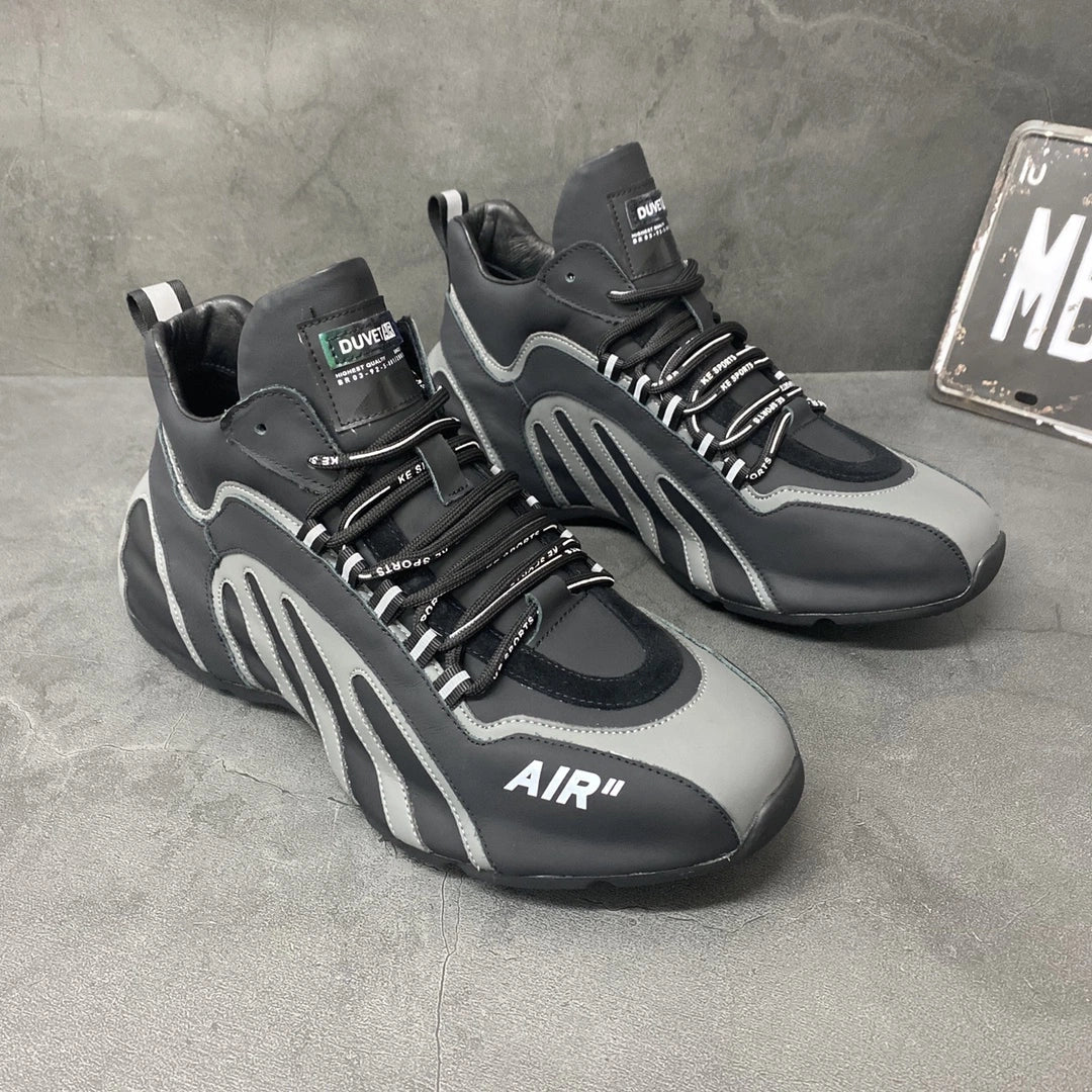 Men's black and gray sneakers with air cushion, designed for running, tennis, and basketball. Stylish athletic shoes with unique stripe design.