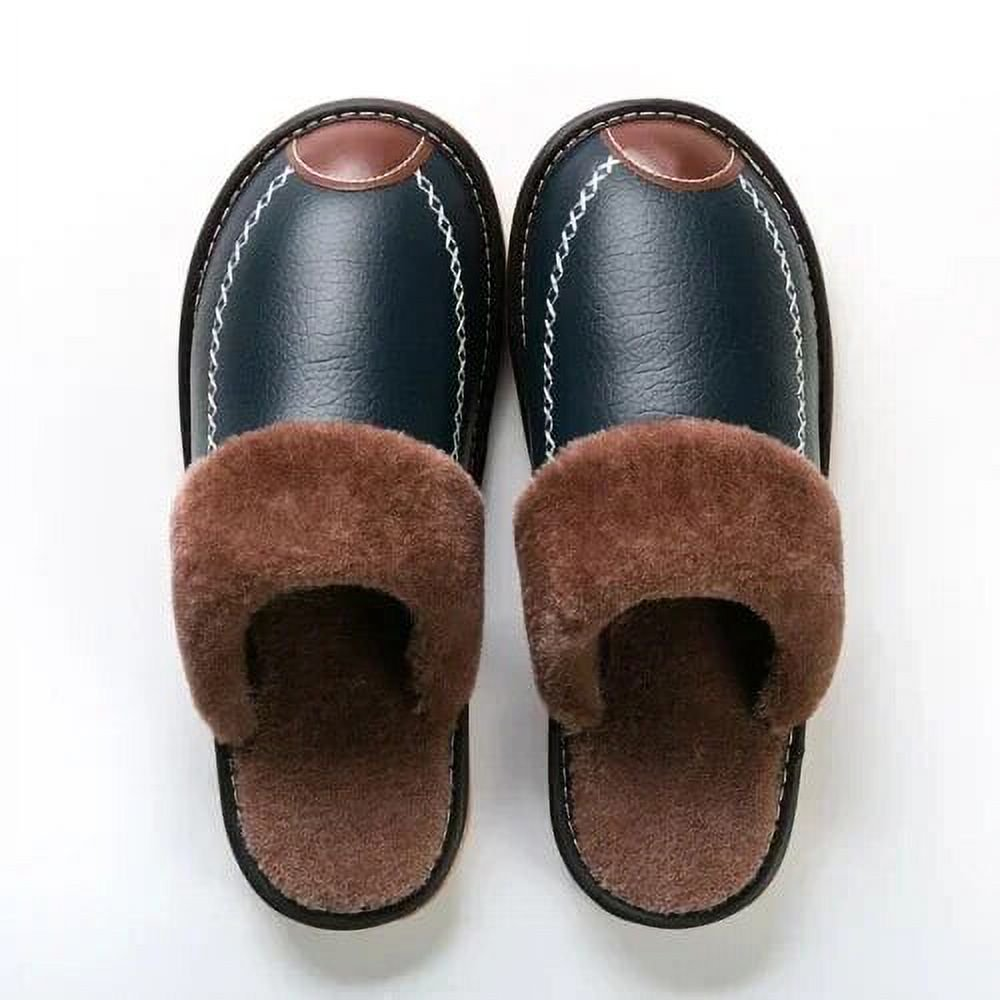 Men's winter leather slippers with plush lining, waterproof design, and thick velvet interior. Ideal for indoor warmth and comfort.