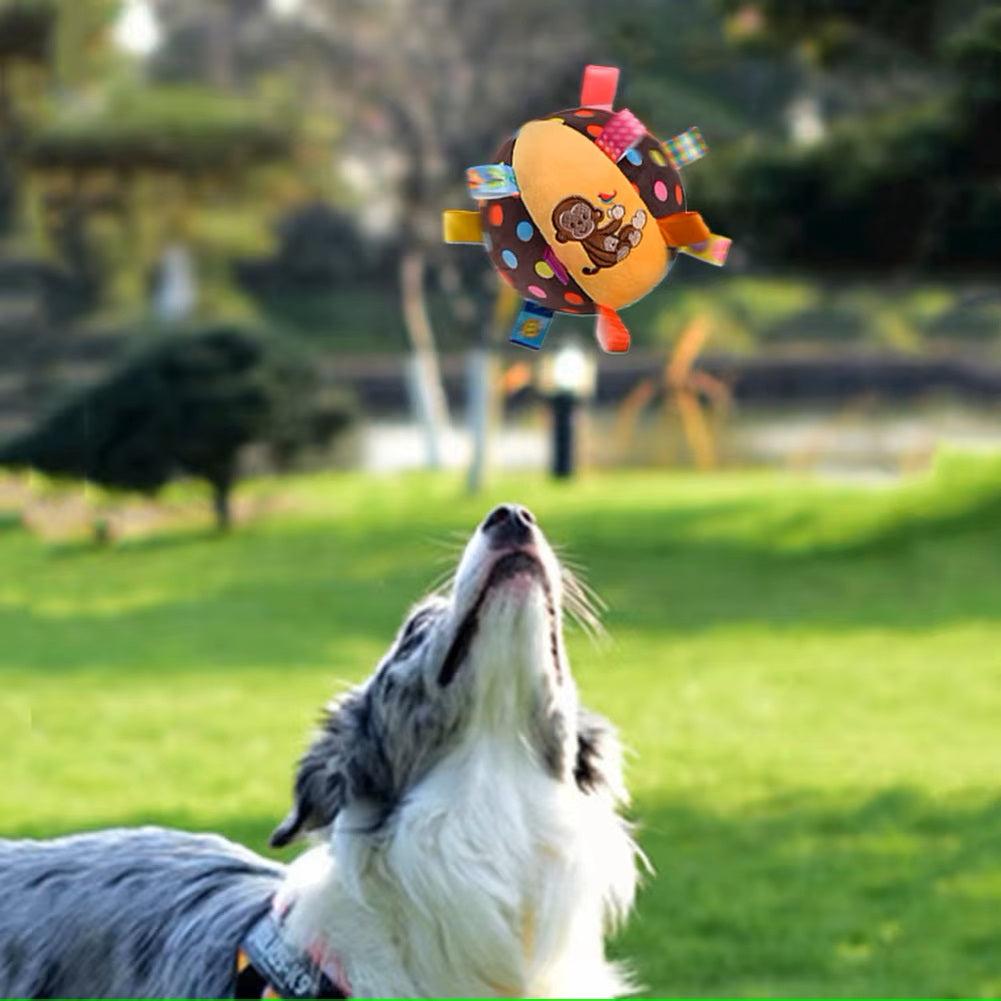 Dog playing with a colorful monkey-themed plush toy ball in a sunny park, showcasing pet playtime, outdoor fun, and interactive dog toys.